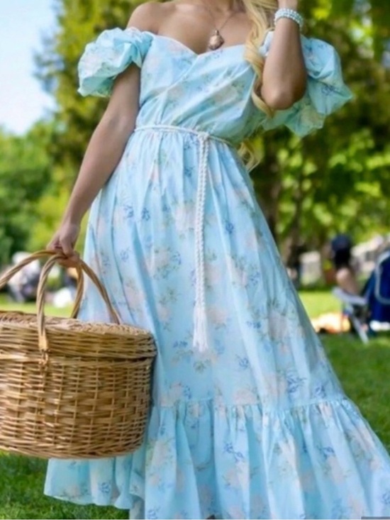LoveShackFancy Dresses & Skirts - LoveShackFancy NWT Pale Blue Floral Off-Shoulder Maxi Dress Size 6